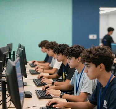 A photography of a group of teenagers in a modern educational hub in the Gulf, collaborating on a project with screens and keyboards visible. The setting is vibrant and professional with seafoam green and dark blue interior design elements.