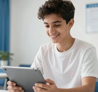 A bright photography shot of a young Middle Eastern student smiling while using a tablet in a modern, sunlit room with clean white walls and blue accents. The atmosphere is inviting and tech-focused, showing a positive educational experience.