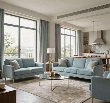 Wide shot of a minimalist and luxury Indian apartment living room with large windows, natural lighting, and elegant light blue furniture.