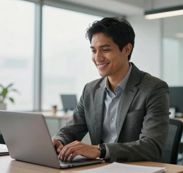 A professional South American individual smiling confidently while working on a laptop in a bright, modern office with soft daylight and clean lines, medium shot.