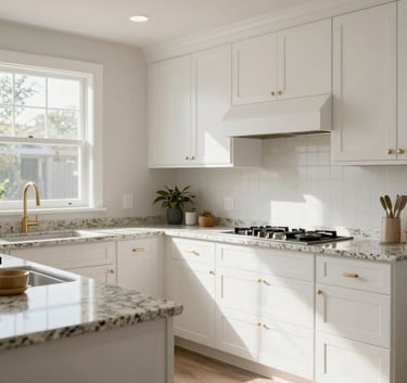 A bright, professionally remodeled kitchen featuring custom white cabinetry, granite countertops, and premium gold-toned fixtures. North American / US residential style, bright natural daylight, crisp and clean composition.