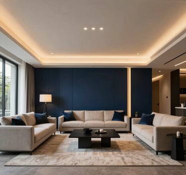 A high-end modern living room in a North American / US home with clean lines, dark blue accents, and warm golden lighting. The composition is minimalist and sophisticated, shot from a professional architectural photography perspective.