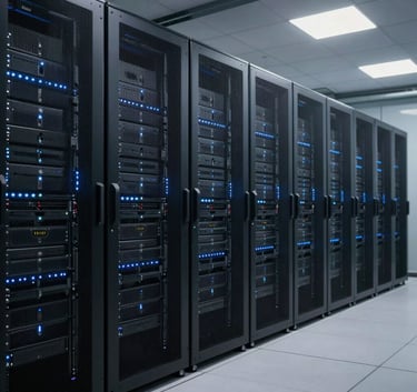 A wide-angle professional photograph of a modern server room in a North American tech hub, featuring rows of black server racks with soft blue glowing lights.