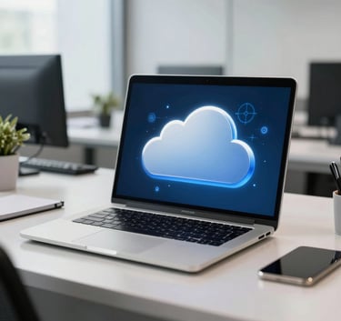 A bright, clean North American office workspace showing a sleek laptop display with a digital cloud connectivity graphic in shades of blue and silver.