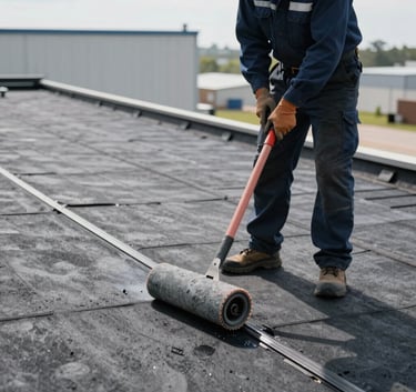 A skilled roofing professional in a dark blue uniform using a hand roller to seal a seam on a clean gray rubber roof, North American commercial building.