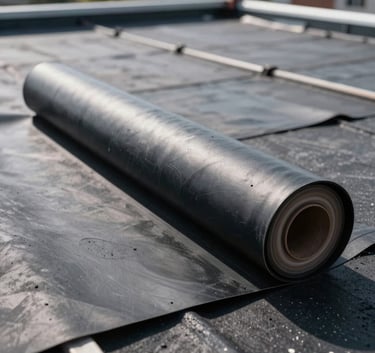 Professional close-up of high-quality black EPDM rubber roofing material being unrolled on a large flat industrial roof, North American setting, daytime lighting.