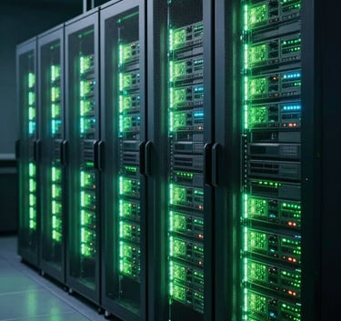 A professional wide shot of a high-tech server room at night, with rows of server racks emitting a soft neon green and cyan glow, creating a futuristic atmosphere, Global / International.