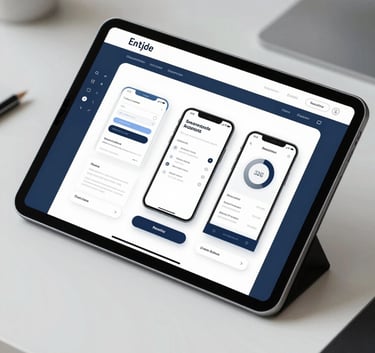A top-down view of a modern workstation. A tablet shows digital wireframes for a new mobile application. The color palette includes #8FA39A and #1A2B3B, conveying a professional and innovative development environment.