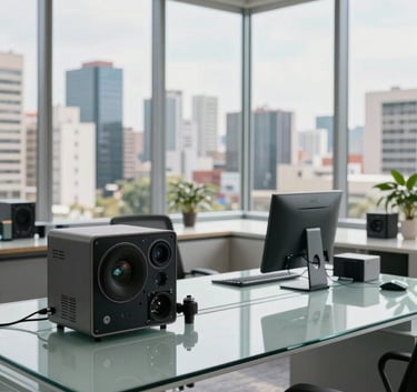 An executive office in South America with a panoramic view of a modern cityscape, featuring clean lines, glass tables, and sophisticated technological hardware, natural bright light.