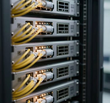 A close-up of carrier-grade network servers and glowing fiber optic cables in a pristine data center located in Mexico, shallow depth of field, sharp focus on technology.