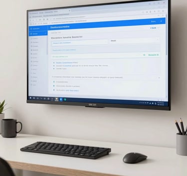 A clean, bright workspace in Latin American style with a large digital screen displaying data, professional atmosphere, dominated by off-white and medium blue colors.