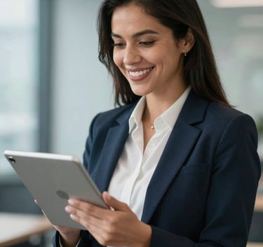 A professional Latin American woman in a modern business environment smiling confidently while looking at a tablet, soft focus background, medium blue and light blue accents.