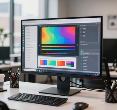 A bright photography of a modern creative studio in a US city. A workstation shows a large screen with vibrant and innovative graphic design projects, soft natural lighting, professional and dynamic atmosphere.