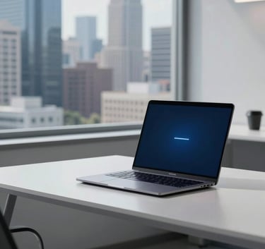 Professional photography of a high-tech North American workspace with a minimalist desk, high-end laptop, and a view of a modern city skyline through the window, innovative and results-driven mood, blue and light gray accents.