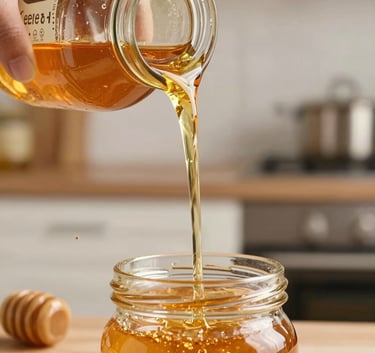 Close-up of golden honey being poured into a jar, professional food photography, warm lighting with a clean Stredoeurópsky / Slovenský kitchen backdrop.