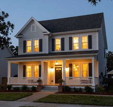 Exterior photography of a classic North American Gulf Coast home at dusk with warm porch lights, highlighting a safe and well-lit residential environment, professional and trustworthy mood.