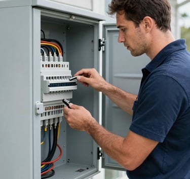 Photography of a professional electrician inspecting an open electrical panel in a modern residential garage in the North American Gulf Coast, focused and reliable expression, lighting is natural and clear, colors feature dark navy and steel blue.