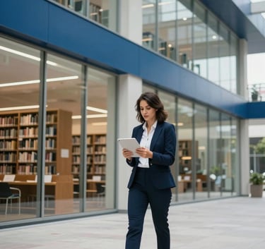 A wide photography shot of an empowered professional standing in a modern, glass-fronted library in the North American / US region. They are looking at a tablet with a confident expression. The style is modern and clean, with prominent Medium Blue and Off-White colors in the surroundings.
