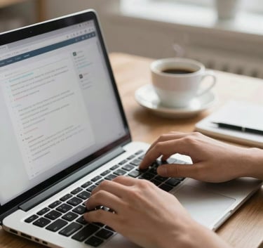 A close-up, high-quality photograph of a professional's hands typing on a sleek laptop in a bright North American home office. The composition is focused on the interface, with a soft-focus background showing a cup of coffee and a organized desk. The scene is bathed in inviting, professional morning light.
