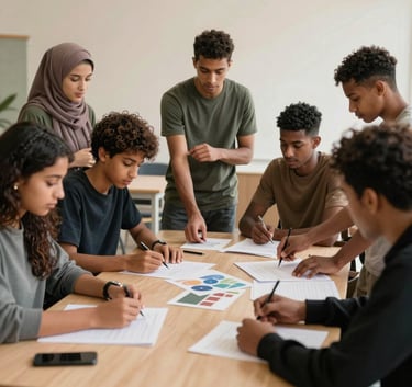 Photography of a diverse group of North African youth in a collaborative workshop environment, focused on social innovation and teamwork, warm and empowering lighting.