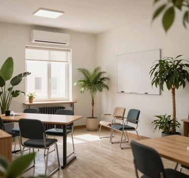 Photography of a bright and airy educational consultation room in Morocco, contemporary design, professional and inviting setting with soft lighting and green plant accents.