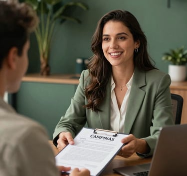 A professional real estate agent in a modern office in Campinas, South American setting, showing a property contract to a client, warm natural lighting, sage green and dark forest green office decor.