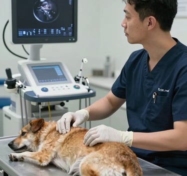 A veterinarian performing an ultrasound on a dog in a low-stress, quiet room with professional medical equipment.