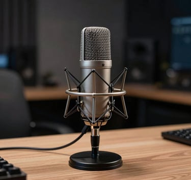 A detailed close-up shot of a professional studio microphone. A high-quality braided ethernet cable in nordic grey blue is connected to a sleek interface nearby. The lighting is soft and professional, highlighting the textures of the metal and fabric.