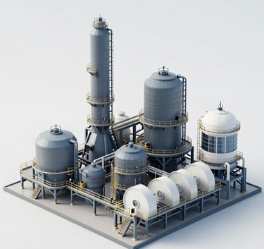High-resolution photographic capture of a 3D digital twin of a European / Italian industrial plant, showing detailed surface textures in Technical Grey-Blue and Crisp Arctic White, clean minimalist studio lighting.