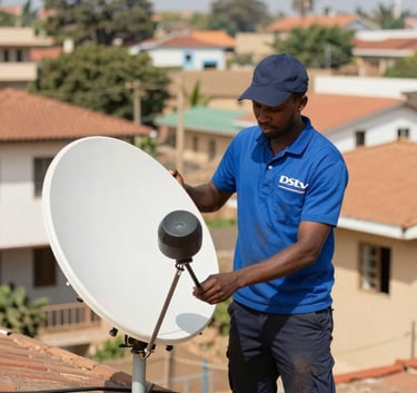 A professional technician in a clean uniform installing a DSTV satellite dish on a residential rooftop in a Mozambican neighborhood, focused on the task, bright daylight, showcasing reliable service delivery.