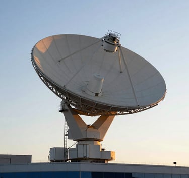 A professional wide shot of a large satellite dish array installed on a modern office roof in Maputo, Mozambique, during the golden hour, with a clear sky, highlighting the precision and technology of telecommunications, featuring Steel Blue and Dark Navy tones.