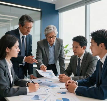 A group of diverse South American / Brazilian business professionals in formal attire discussing financial charts in a bright, modern office with dark blue accents.