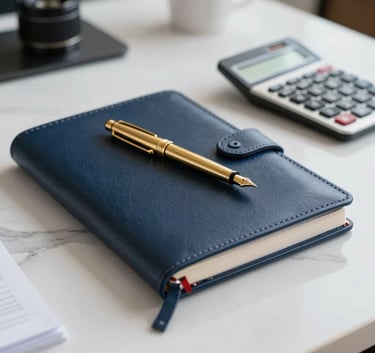 Close-up photography of a dark blue leather-bound business planner, a gold fountain pen, and a modern calculator on a bright white marble desk in a South American / Brazilian corporate setting.