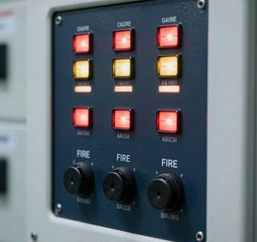 A close-up of a professional fire alarm control panel with glowing indicators, reflecting a mood of advanced engineering in a dark navy and ice white technical setting.