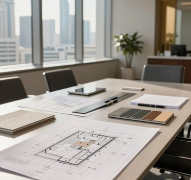 A professional business setting in a modern Dubai office building, showing a sleek conference table with architectural plans and samples of construction materials, bright sunlight through large windows, and hints of beige and gold decor.