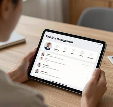 A professional person in a well-lit North American / US study, using a tablet to navigate a resident management interface in a calm, modern setting.