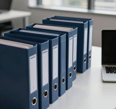 A professional desk setting in a modern Brazilian office, showcasing organized dark blue folders and a minimalist laptop on a white surface, with soft morning light and a view of a clean cityscape in the background.