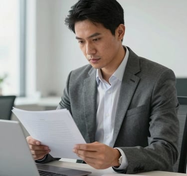 A South American professional in business attire reviewing documents with a focused expression in a bright, modern office with minimalist furniture in slate grey and light grey.