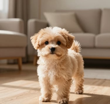 A small apricot-colored Caniche puppy standing on a clean wooden floor, looking curiously at the camera. The environment is a modern, sun-drenched family living room with minimalist decor in warm taupe tones.