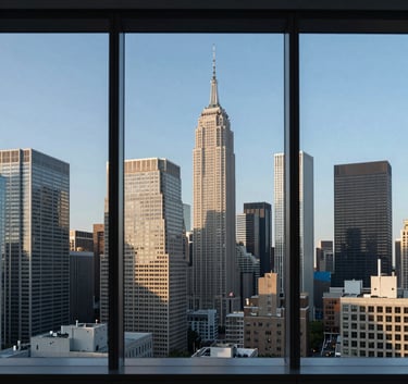 A wide-angle professional photograph of a sophisticated financial district skyline in North America, seen through a clean glass window of a modern office, incorporating dark blue and off-white blue tones.