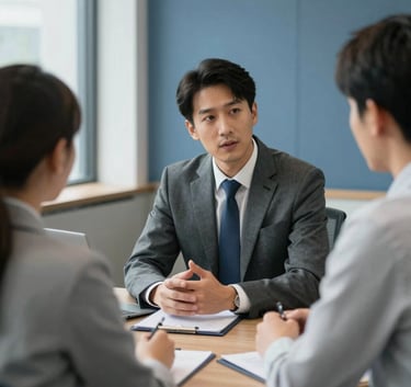 A professional financial advisor in business attire discussing strategy with a client in a bright, modern corporate boardroom in the US, with slate blue and grey accents.