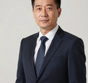A professional portrait of a financial consultant in a dark navy suit against a clean off-white background, looking trustworthy and experienced.