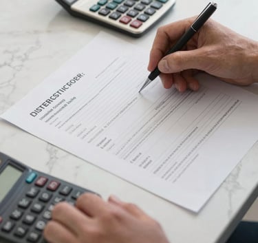 Close-up of professional hands reviewing structured financial documents and a calculator on an off-white marble desk.