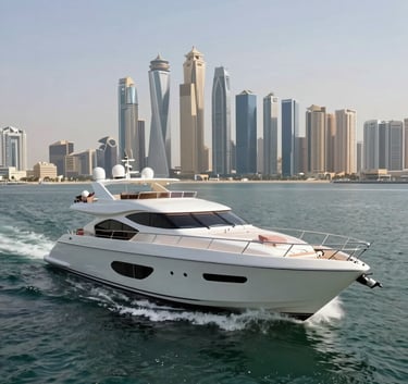 A wide-angle photography shot of a luxury yacht cruising in the Arabian Gulf near the Dubai skyline, bright daylight, focusing on the sophisticated exterior.