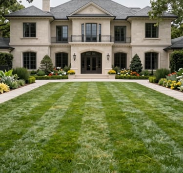 A perfectly manicured lawn and vibrant garden of a luxury North American estate, symmetrical landscaping, bright daylight, professional landscape photography.