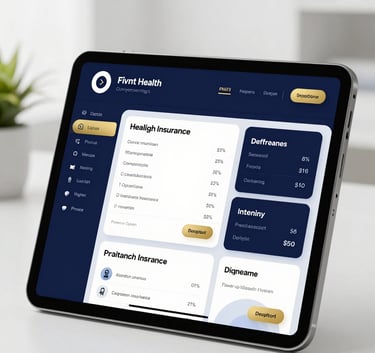 A high-end digital interface displaying a private health insurance comparison dashboard on a sleek tablet. The aesthetic is modern Fintech with deep navy blue and metallic gold accents, professional lighting, and a clean white office background.