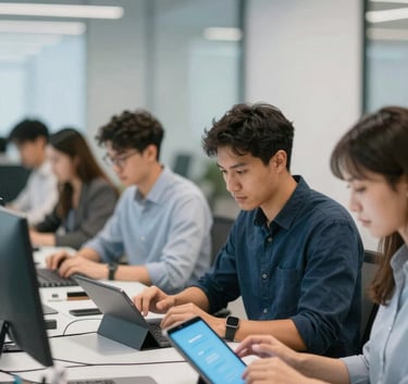 A professional and modern workspace where a diverse team of software engineers works together with tablets and laptops, emphasizing cutting-edge expertise and collaboration, incorporating #3D5A7F and #E8EFF8.