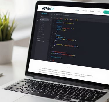 A close-up shot of a high-resolution laptop screen displaying elegant code and a modern web interface, with soft daylight and a clean office background, highlighting technical excellence and #8FAACF accents.