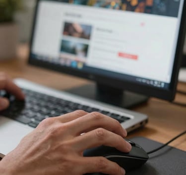 A focused close-up shot of a designer's hands using a high-end mouse and keyboard, with a blurred screen showing a website layout, soft studio lighting, reflecting expertise and modern web design standards in a North American / US (West Virginia / Virginia) office.