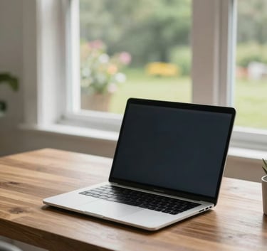 A clean, modern home office setup in North American / US (West Virginia / Virginia), featuring a sleek laptop on a wooden desk with a view of a garden through the window, bright natural lighting, conveying a professional and approachable work environment.